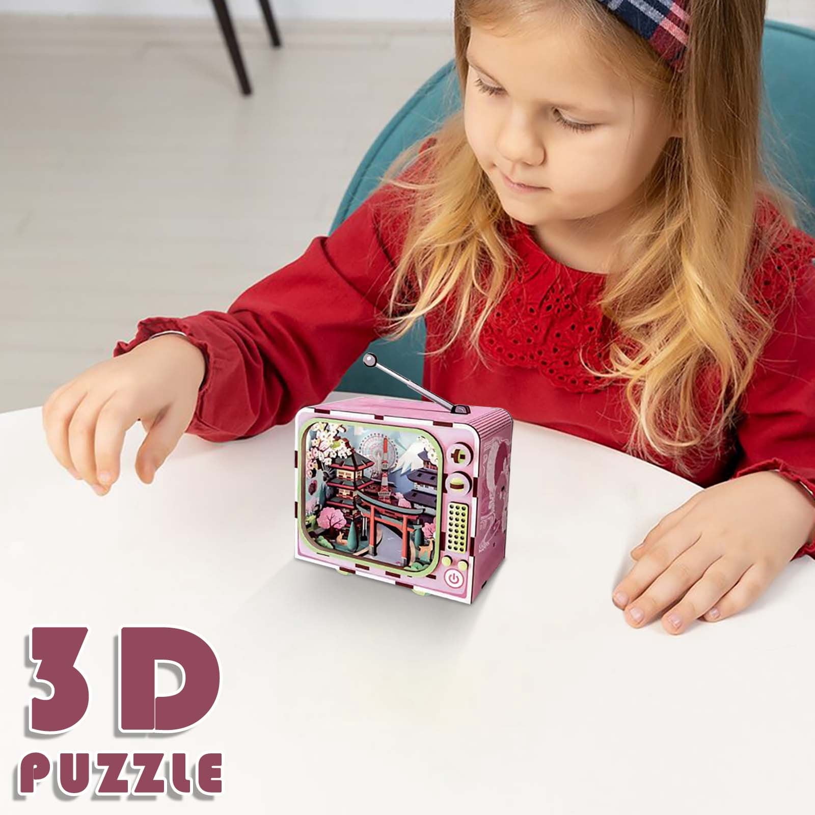 3D Wooden Puzzle TV Building Model, City Theme Architectural Toy with LED Light, Assembly Building Blocks Kit for Teens Adults, Educational Home Decor Gift