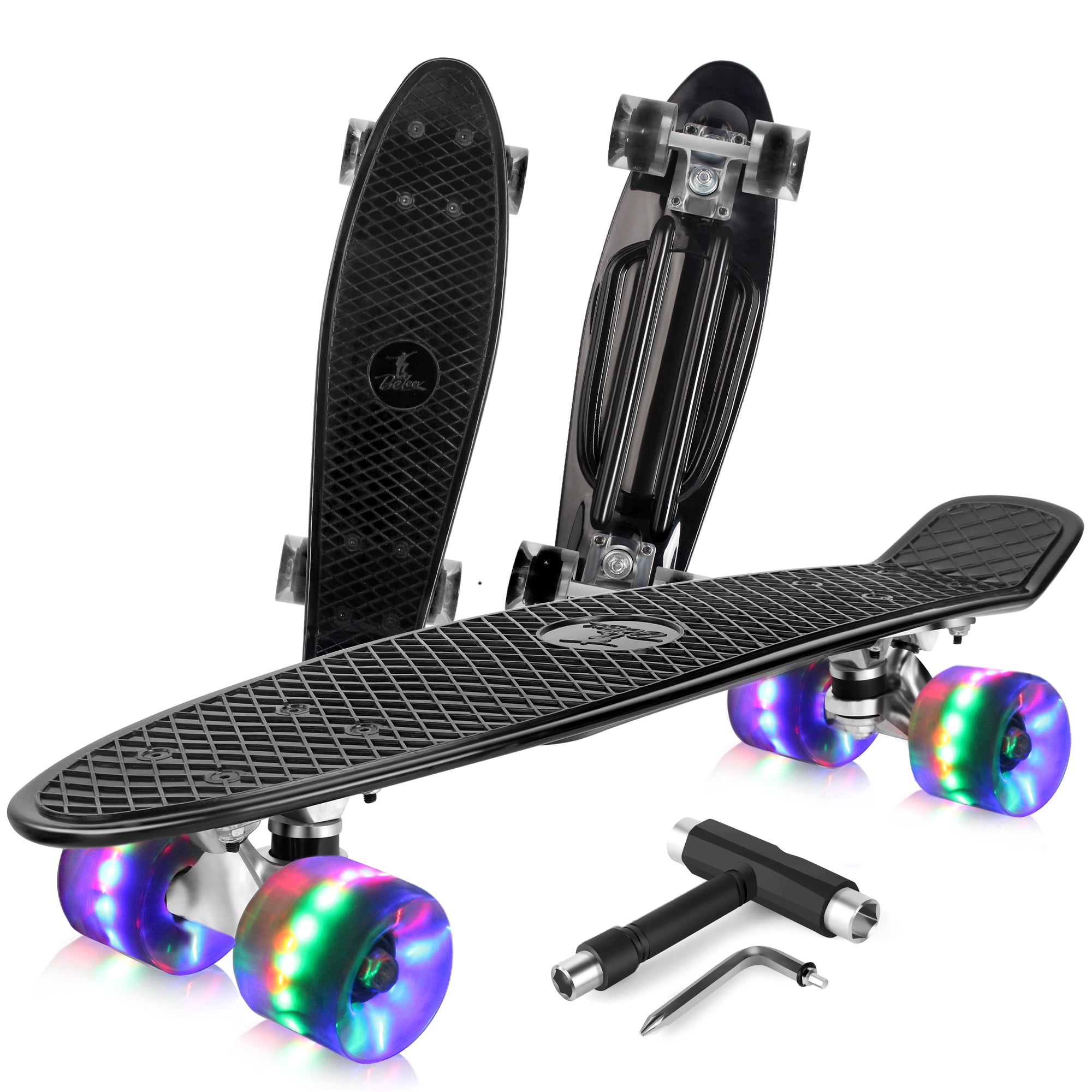LED Light up Wheels with All-in-One Skate T-Tool for Beginners BELEEV Skateboard Complete Mini Cruiser Retro Skateboard for Kids Teens Adults
