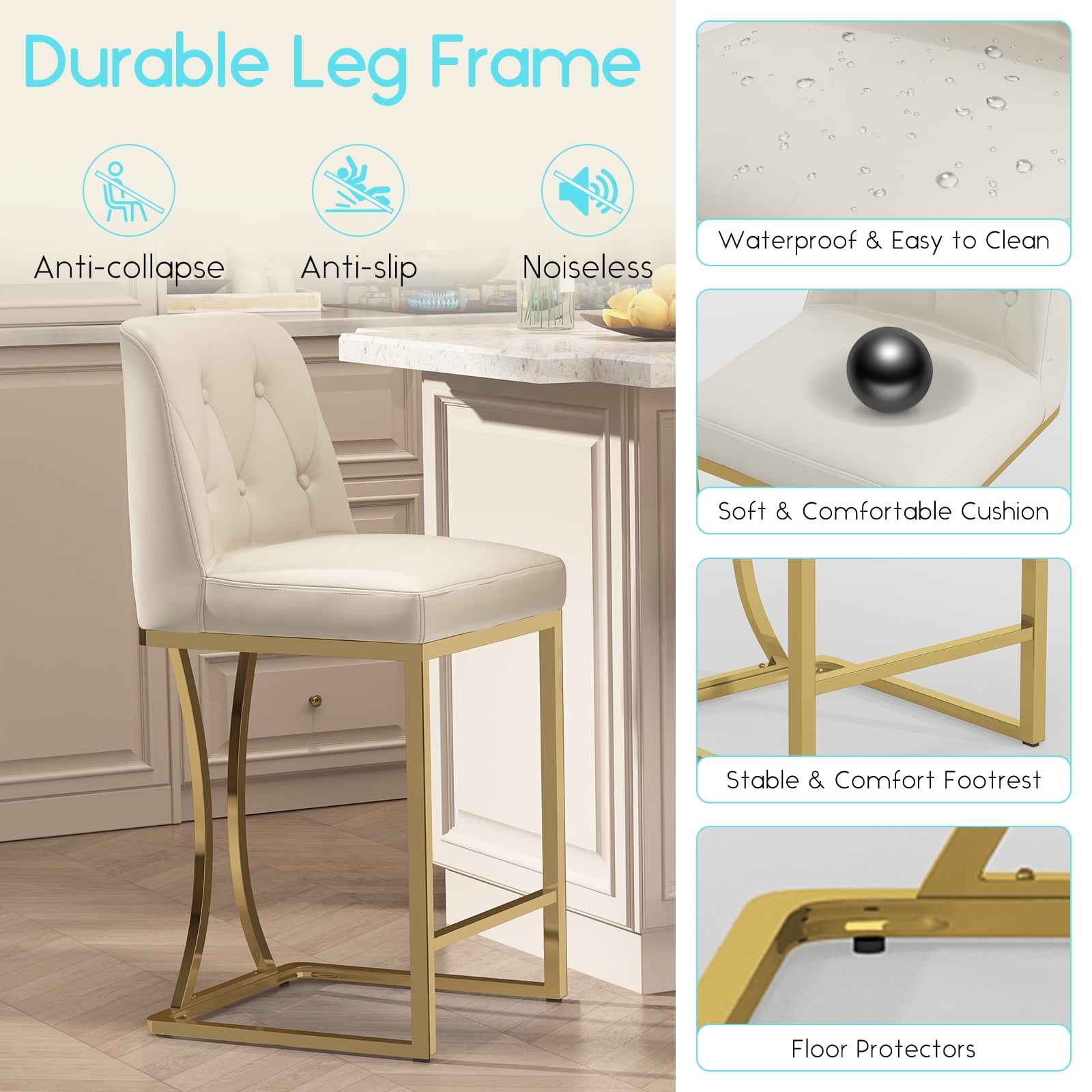 Ninecer 24" Counter Height Bar Stools Set of 2, PU Leather Counter Stool Chairs with Full Back for Home Kitchen Island, Beige & Gold