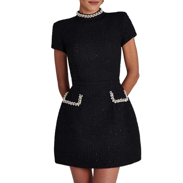 Vestido DINGANG Tweed Mini para mujer, corte en A, manga corta, negro