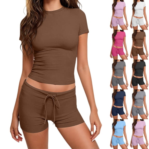 Women's Cotton 2 Piece Shorts Set Short Sleeve Casual Summer Matching Outfit