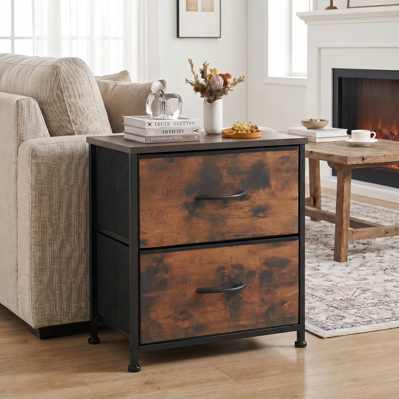 BEAUTYPEAK Nightstand 2-Drawer Fabric Dresser Bedside Table with Wooden Top Adjustable Feet, Rustic Brown