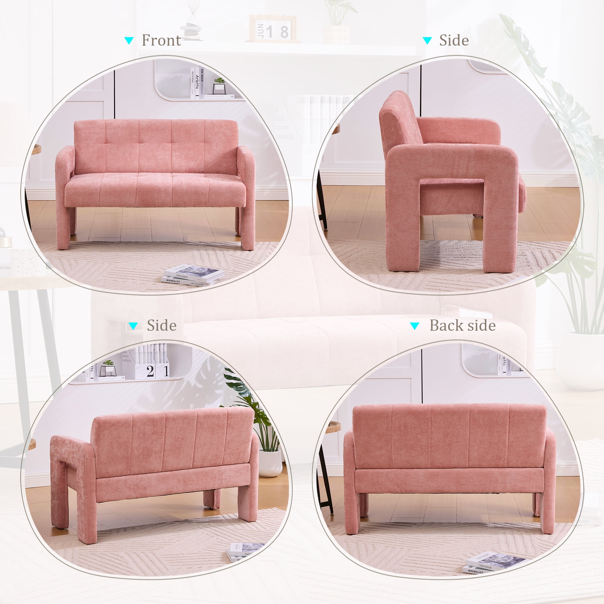 MOONMISS Chenille Upholstered Tufted Comfortable Wood Frame Loveseats Sofa with Dual Armrests-Pink