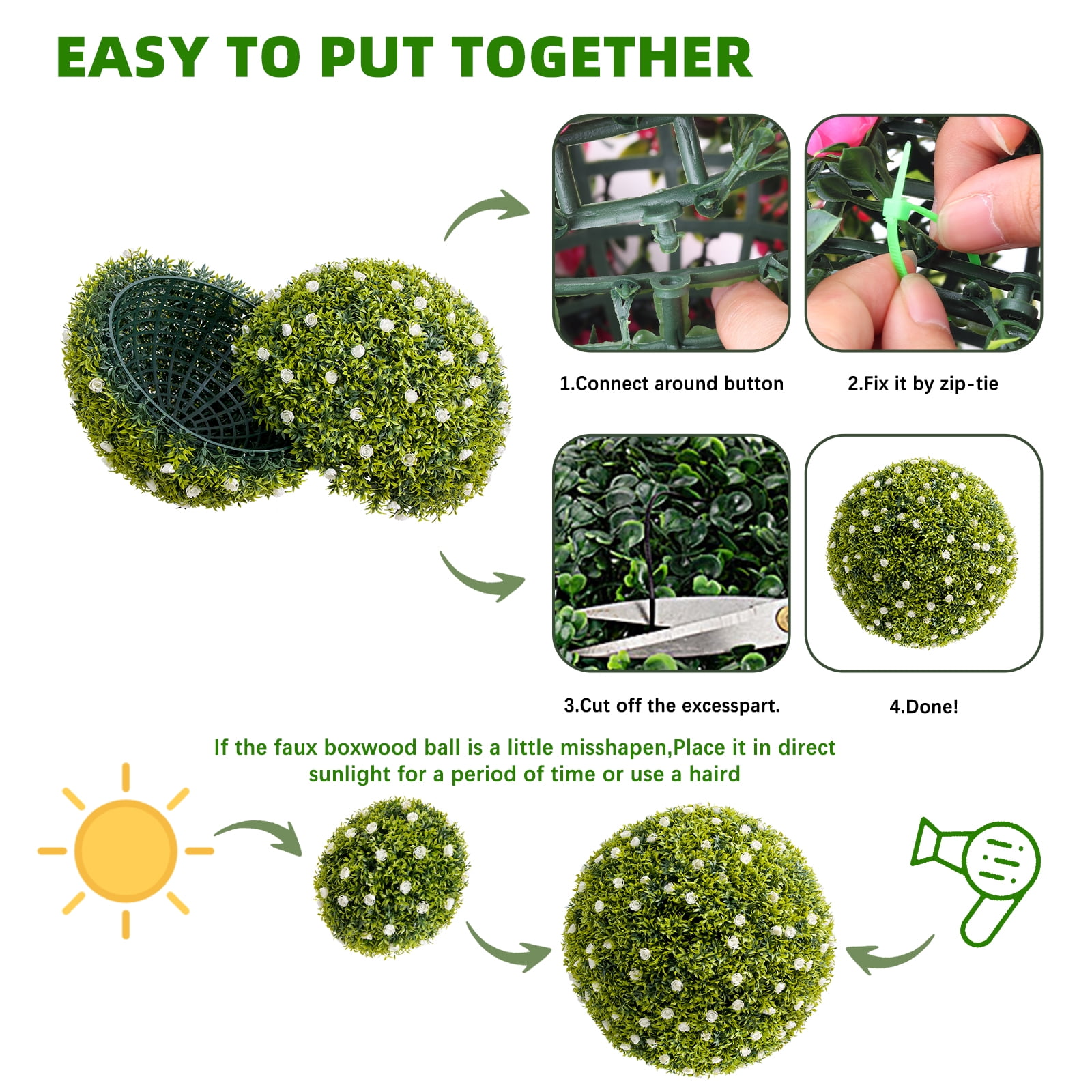 Tzou 2Pcs Artificial Boxwood Topiary Ball with Flowers, 16.5" Faux Hanging Greenery Ball for Outdoor Planters, Porch, Balcony, Home Decor