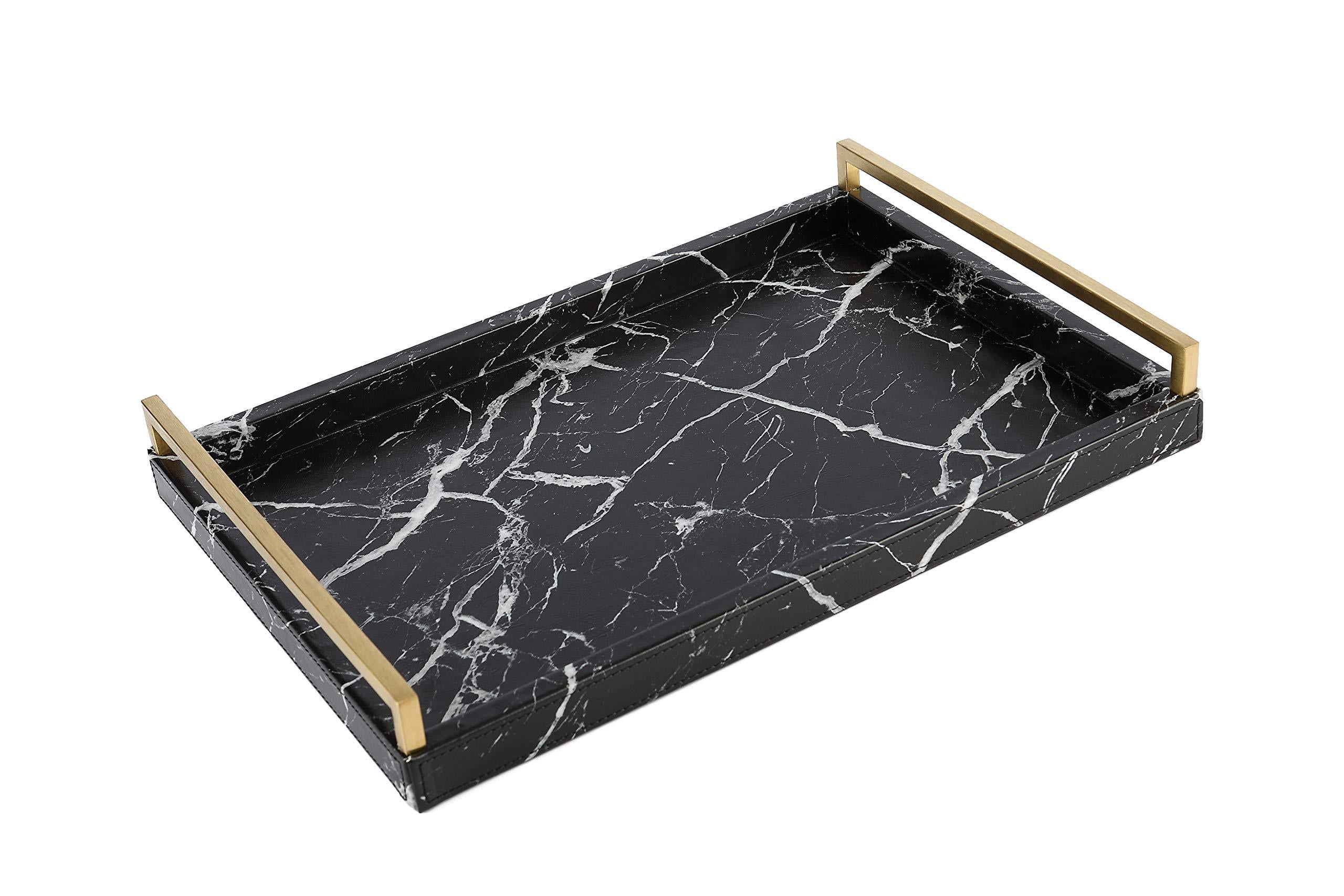 WV Faux Leather Decorative Tray Black Marble Finish with Brushed Ti-Gold Stainless Steel Handle Black