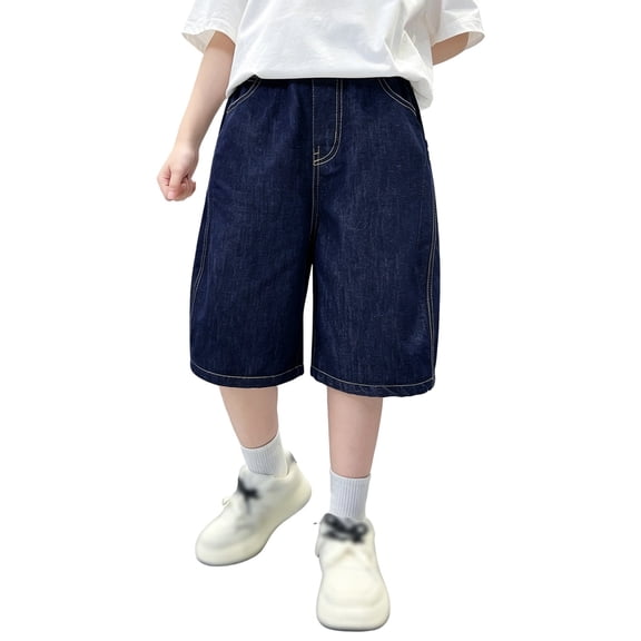 Boys Elastic‑Waist Woven‑Label Dark‑Wash Wide‑Leg Denim Knee Shorts,5‑16Y