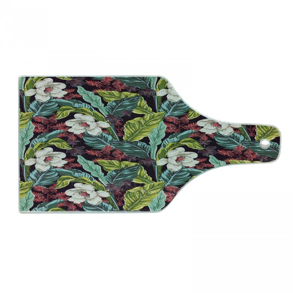 Plant Cutting Board, Exotic Nature Depicting Image of a Drawing with Vibrant Colored Leaves Botanical, Decorative Tempered Glass Cutting and Serving Board, Wine Bottle Shape, Multicolor, by Ambesonne