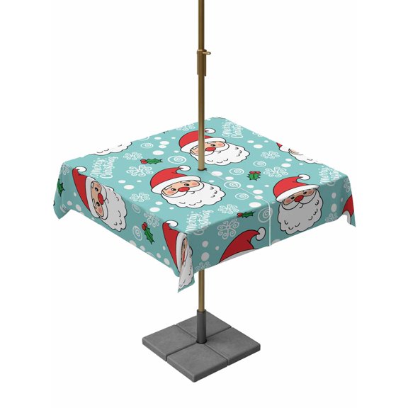 Outdoor Tablecloths with Umbrella Hole & Zipper, Merry Christmas 54x54 Inch Square Tablecloths, Santa Claus Xmas Winter Leaves Snowflake Blue Waterproof Table Cloth, Patio/Pool/Picnic Table Covers