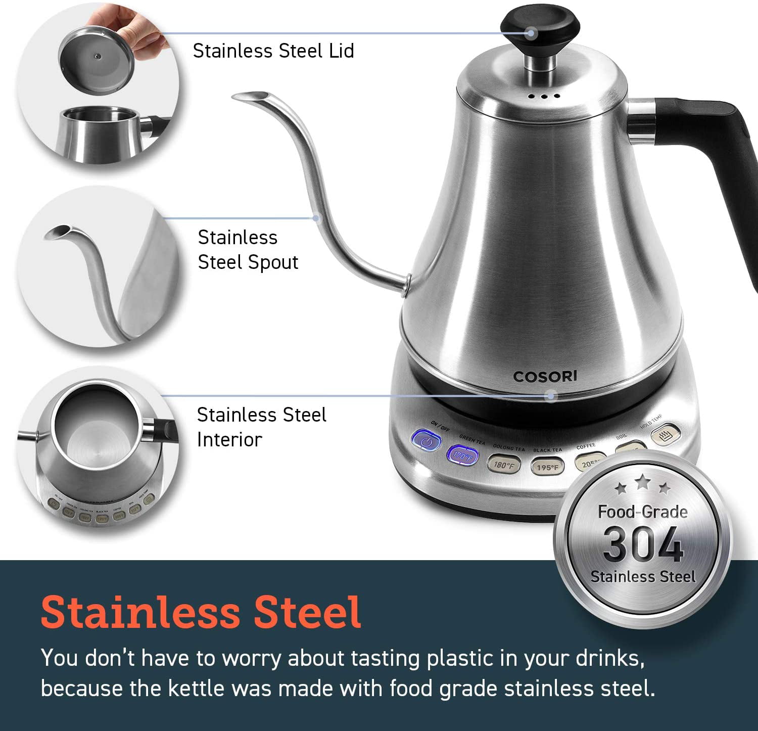 Electric Goose Neck Kettle, Coffee Pot, Hot Water Boiler And Teapot With  1200w Strix Temperature Control, 800ml Capacity, 304 Stainless Steel  Material, Matte Texture, Suitable For Home Gathering, Office And Dormitory  Lps-1995