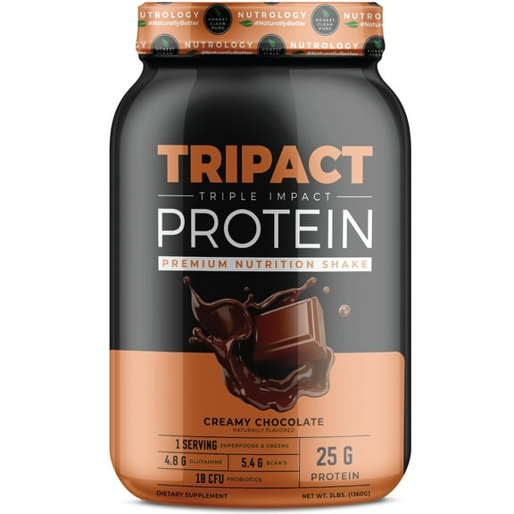 TRIPACT PROTEIN - Premium Nutrition Shake - Non-GMO Grass Fed Whey Protein, Plant Proteins, Greens, Superfoods and Probiotics–Lean Muscle-Recovery-Boost Performance -Creamy Chocolate Flavor 3lb.