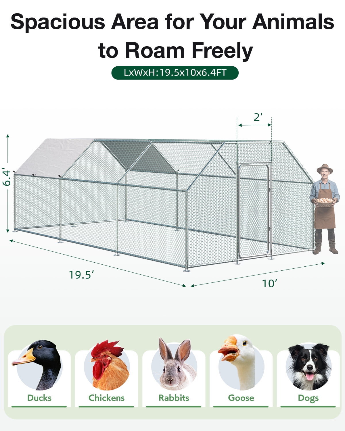 YODOLLA Outdoor Chicken Playpen 19' x 9' x 6.5' Walk-in Metal Hen Cage with Waterproof Cover Chicken Coop Enclosure