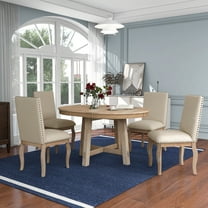 Farmhouse 5-Piece Dining Table Set, Round Extendable Dining Table and 4 Upholstered Dining Chairs (Natural Wood Wash)