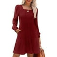 thumbnail image 7 of Ndbuld Womens Long Sleeve Fall Dresses Women's Casual Solid Color Lantern Sleeve Pocket Knitted Striped Dress,Wine,L, 7 of 7