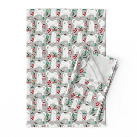

Printed Tea Towel Linen Cotton Canvas - Samoyed Christmas Dog Cute Holiday Grey Xmas Print Decorative Kitchen Towel by Spoonflower