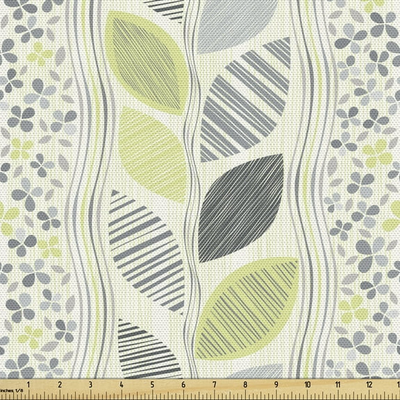 Abstract Sofa Upholstery Fabric by the Yard, Wavy Vertical Stripes Sketched Leaves and Tiny Flowers, Decorative Fabric for DIY and Home Accents, Green Grey by Ambesonne