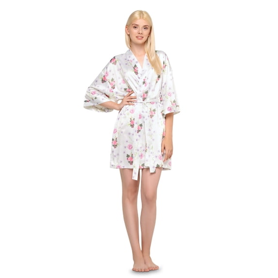 White Jasmine Floral Satin Kimono Short Robe