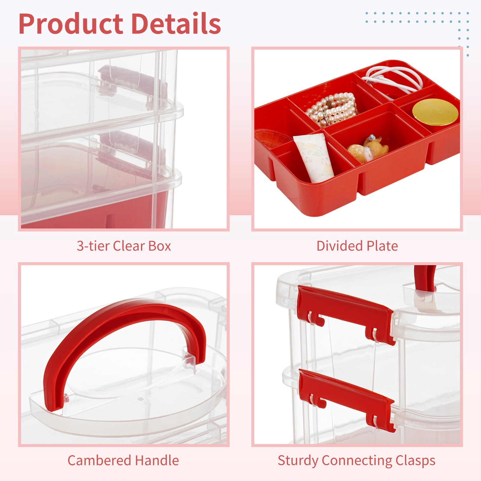 3-Layer Organizer Case Stack & Carry Box, Plastic Multipurpose Storage Container Box, Portable Handled Storage Box with Removable Tray for Organizing Sewing Supplies