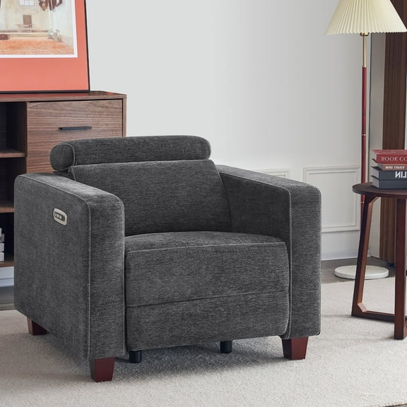 MCombo High Leg Power Recliner Chair with Adjustable Headrest and USB A/C Charge Ports for Living Room, Office, and Small Spaces (Fabric HL128, Dark Grey)