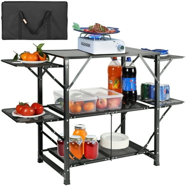 KFFKFF Folding Camping Table, Portable Grill Cooking Table with Carrying Case, Aluminum Table, 4 Metal Side Tables & Dual Shelves, Perfect for Outdoor Picnics, Barbecues, Camping, and RV Trips