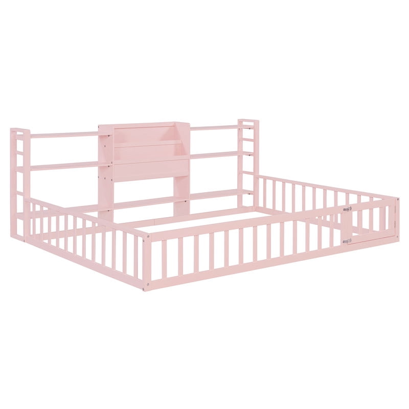 Full Size Floor Bed Platform Bed with Side Bookcase and 3-Tier Storage Shelves, Solid Wood Low Profile Montessori Floor Bed with Safety Guardrails for Kids, Boys, Girls