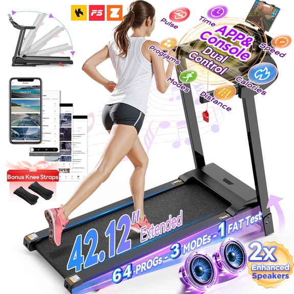 Treadmill for Home, Portable Folding Electric Exercise Treadmill with Adjustable Incline, APP Control, 64 Programs, 320 lb Capacity, 7.5MPH, Bluetooth Speakers, Running Walking Jogging, 03/28 Update