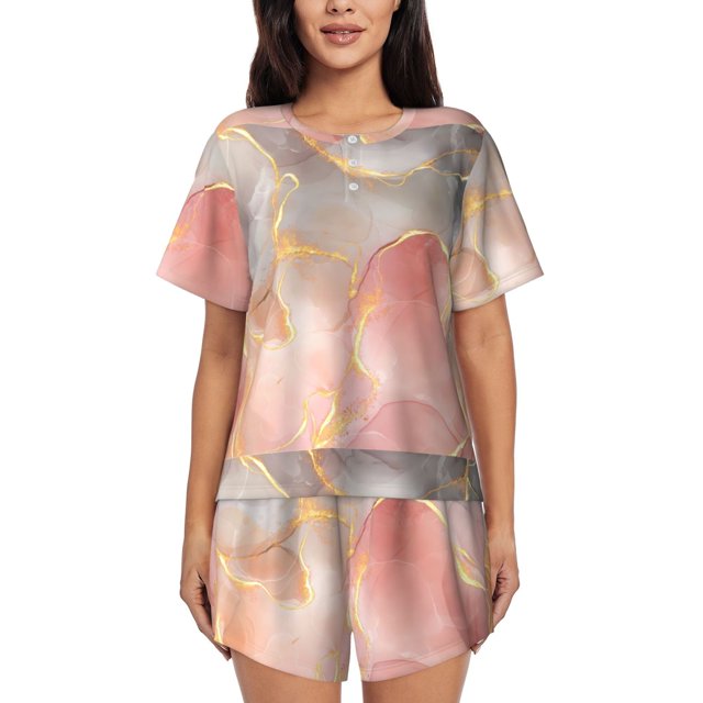 Balery Abstract Marble Texture Conjunto de Pijama para Mujer con Estampado, Dos Piezas de Manga Corta y Shorts, Ropa de Dormir Suave con Cuello Redondo y Bolsillos-Small