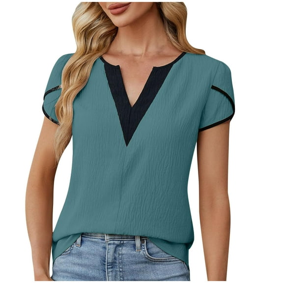 Htigea Womens V Neck T Shirts Summer Casual Short Sleeve Tops Loose Fit Basic Tee Fall Savings Green,S