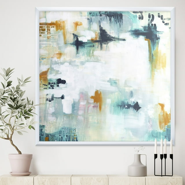Designart 'Teal And White Composition' Modern & Contemporary Framed Art Print - 16x16