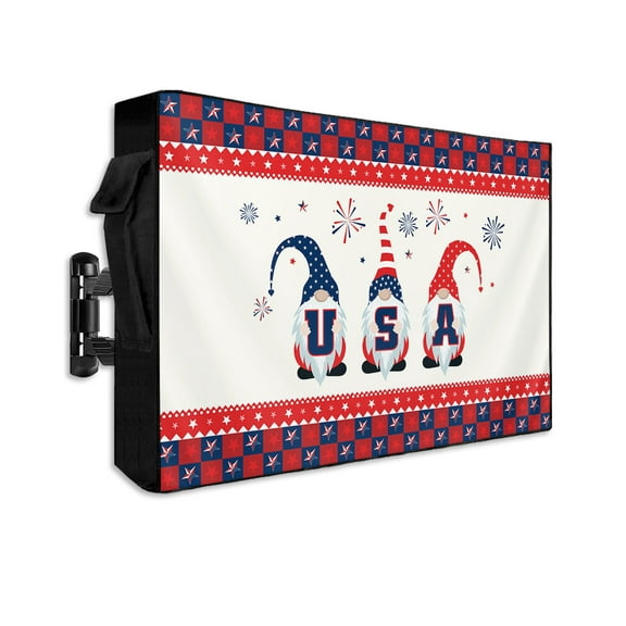 Cute Gnomes Fireworks Day Outdoor TV Cover 60 to 65 Inch Weatherproof, Flag Day Star Red Buffalo Checker 600D Oxford TV Covers with Waterproof Zipper, Outside Flat TV Screen Protector 58"Wx37"Hx4.5"D