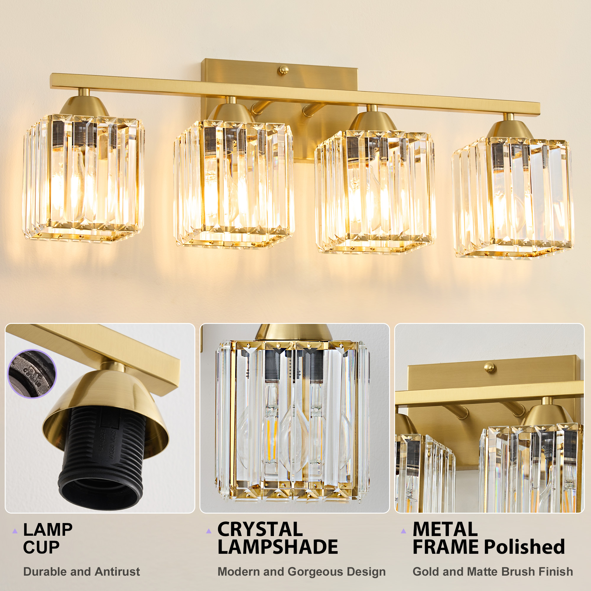 Deyidn 23.23" Modern Gold Vanity Light, 4-Light Dimmable Bathroom Light Fixture with Square Crystal Shades, for Mirror Lighting, Bathroom Wall Sconce