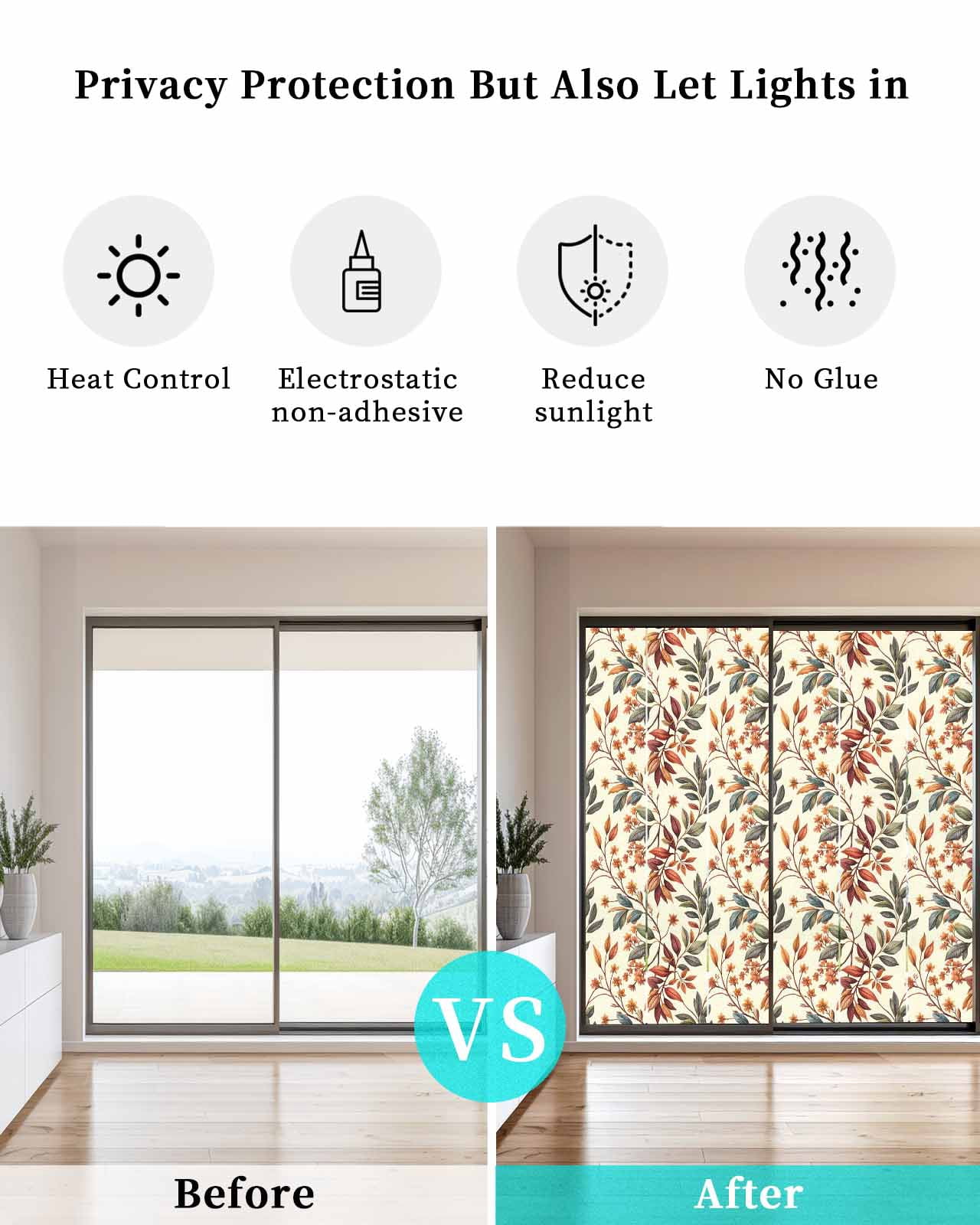 Window Privacy Film Fall Leaves Stained Glass Window Film Decorative Sun Block Window Cover Farmhouse Beige Botanical Branch Window Clings Static Adhesive Sticker for Bathroom 23.6"x59"