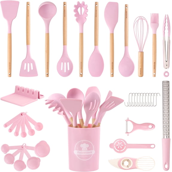 Astercook Silicone Cooking Utensils Set, 38 PCS Kitchen Utensils Set for 446°F Heat Resistant, Food Grade Utensil Sets with Wooden Handle, Kitchen Gadgets for Nonstick Cookware BPA Free (Pink)