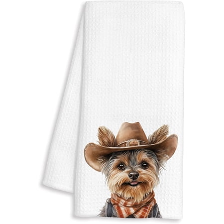 KKFEN-Western Yorkshire Terrier Dog Gifts Kitchen Towels Decorative - Gifts for Yorkie Lovers Dish Tea Towels for Kitchen Drying Cowboy Hat Dog Hand Towels for Bathroom Decor 16x24 Inch