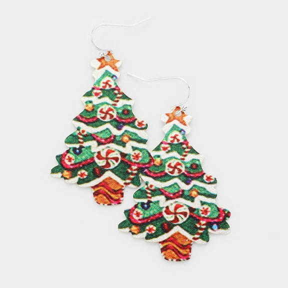 Pierced silver flat XL metal multi colored peppermint Christmas Tree earrings