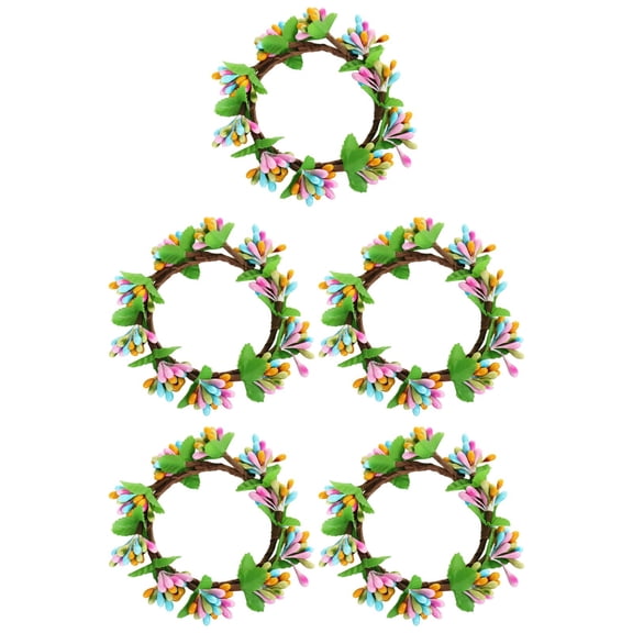 5 Pcs Multicolor Spring Candle Rings, Artificial Foliage Berry Wreath, Pastel Miniature Flowers, 3.9 x 3.9 x 0.8 in for Home Decor, Easter Holiday Parties