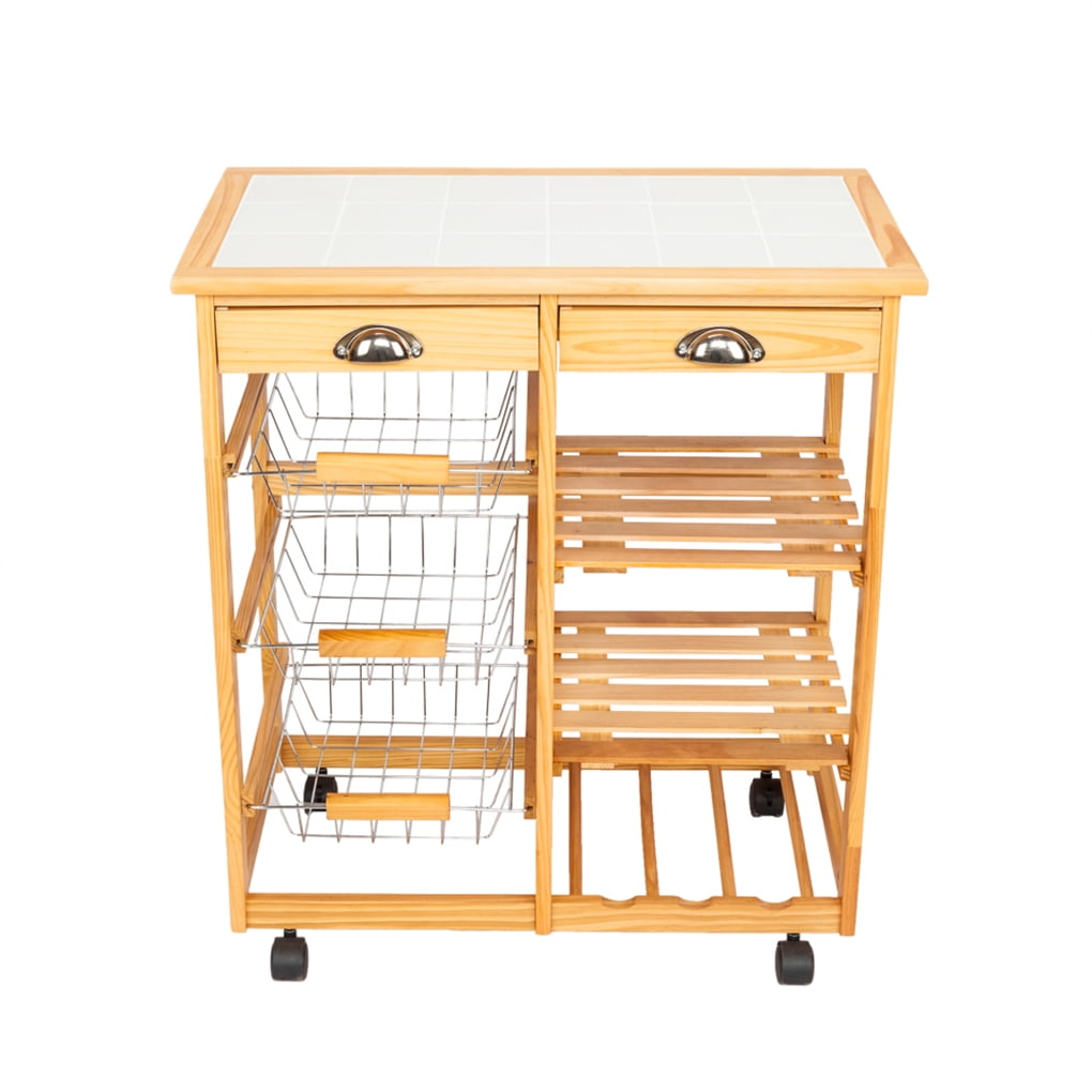 Rolling Wood Kitchen Trolley Cart Island Shelf w/ Storage Drawers