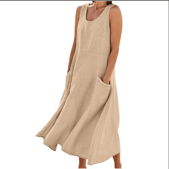 cocolona Women's Summer Linen Dress Sleeveless Casual Loose Tank Midi Dress Beach Sundress with Pockets