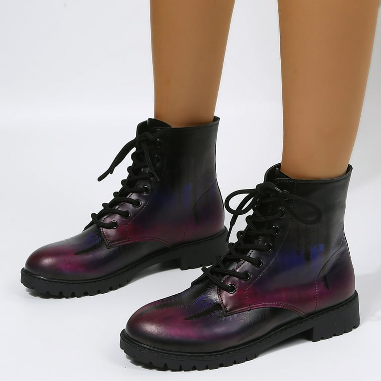 Black and Friday Deals Suokom Ankle Boots for Women Women s Booties Round Toe Low Heel Block Heel Non Slip Lace Up Fashion Gradient Color PU