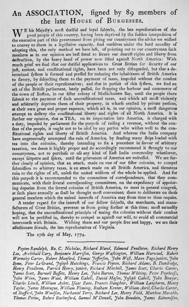 House Of Burgesses 1774 Nassociation Signed By The 89 Members Of The House Of Burgesses Recently