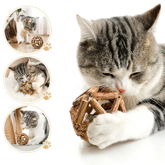 2 Pack Natural Silvervine Catnip Toys, Hand Woven Matatabi Chew Balls with Built-in Catnip Bell, Durable Dental Molar Interactive Cat Toys for Indoor Kitten All Cat Breeds