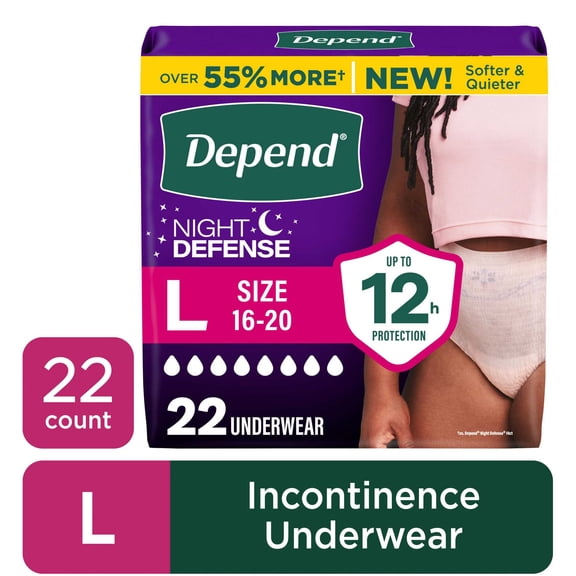 Depend Night Defense Incontinence Underwear for Women, Adult Diapers, L, 22 Count