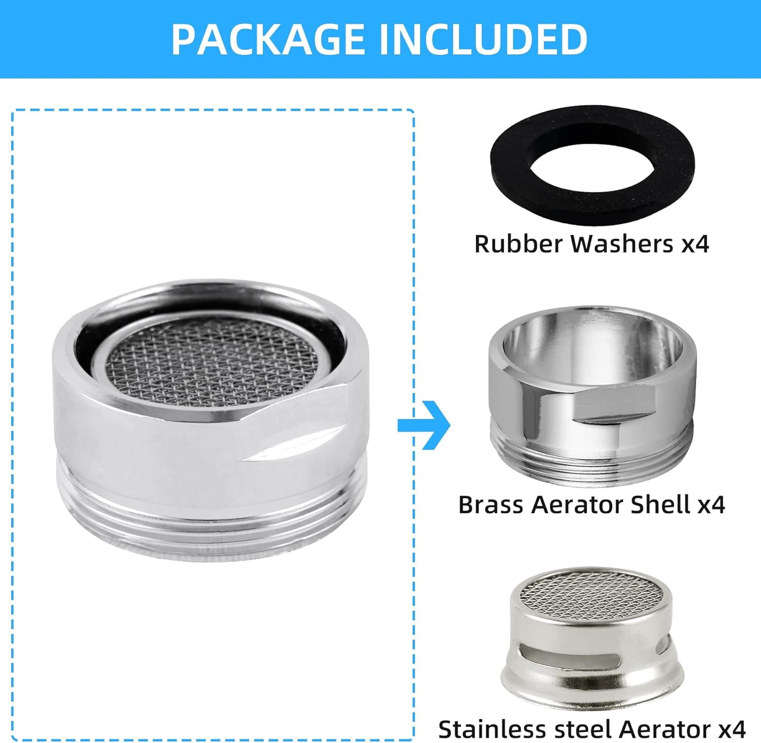 4 Pack Stainless Steel Faucet Aerator, Kitchen Sink Faucet Aerator Adapter with Brass Shell, 15/16 Inch/24 mm Male Thread Water-conserving Filter with Gasket for Bathroom, Chrome