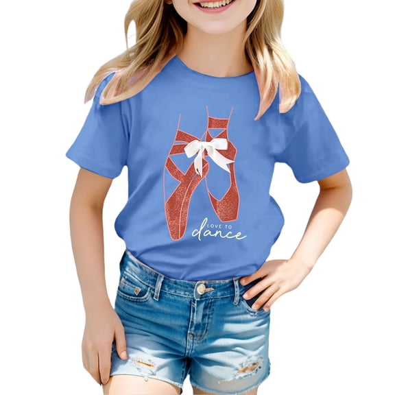 FINALGANG Girls Kids Casual Short Sleeve TShirts Cartoon Ballet Pointe Shoes Bow Print Crewneck Loose Fit Tees For Casual Daily Wear Blue 4-5 Years