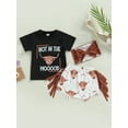 thumbnail image 3 of Western Toddler Baby Girl Clothes Letter Short Sleeve T-Shirt Top + Tassel Shorts Outfits + Headband 3Pcs Set, 3 of 10