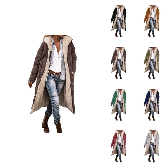 Women's Reversible Teddy Long Coat â Oversized Shearling Zip-Up Hooded Jacket with Pockets, 2025 Winter Casual Outerwear