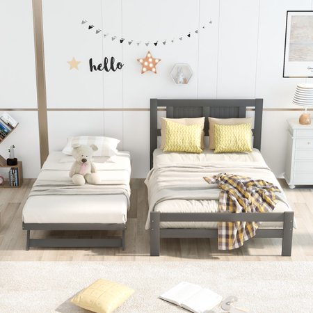 INCLAKE Full Size Platform Bed Frame with Headboard  Wood Full Bed Frame with Adjustable Trundle Bed  Extendable Full Bed to 4 Beds for Adults Children Teens  Bedroom  Gray