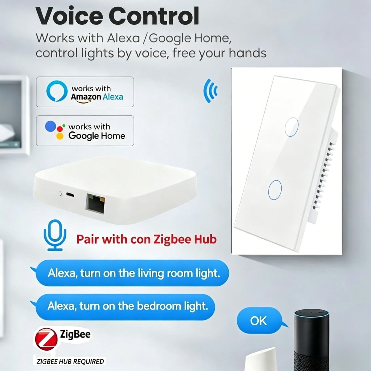 Melery Zigbee Smart Light Switch with/without Neutral Wire Wall Touch Sensor Glass Panel Voice Remote by Tuya Alexa Google Home