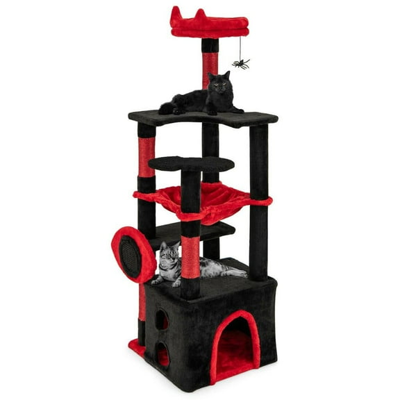 Resenkos Gothic Style Cat Tree with Plush Perch and Spider Toy, Black & Red