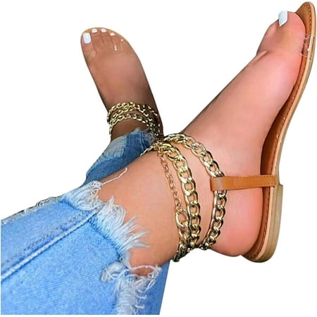 

Women s Summer Flat Sandals Ladies Casual Solid Color Metal Chain Buckle Strap Sandals with Transparent Belt Versatile Lightweight Comfortable Non-slip Slippers Sandal Versatile Beach Walking Shoes