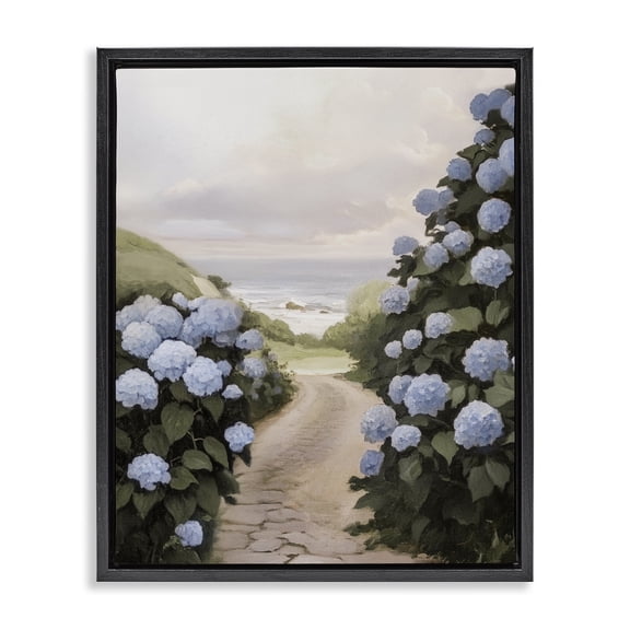 Stupell Industries Coastal Hydrangea Pathway Black Framed Floater Canvas Wall Art, design by Sisi and Seb